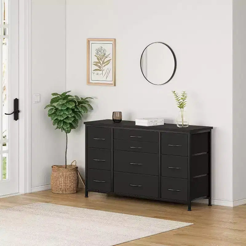 Fabric Dresser with 10 Storage Drawer for Bedroom,55 TV Stand with Power Outlet,Sturdy Metal Frame, Wood Tabletop for Guest Room, Closet, Entryway