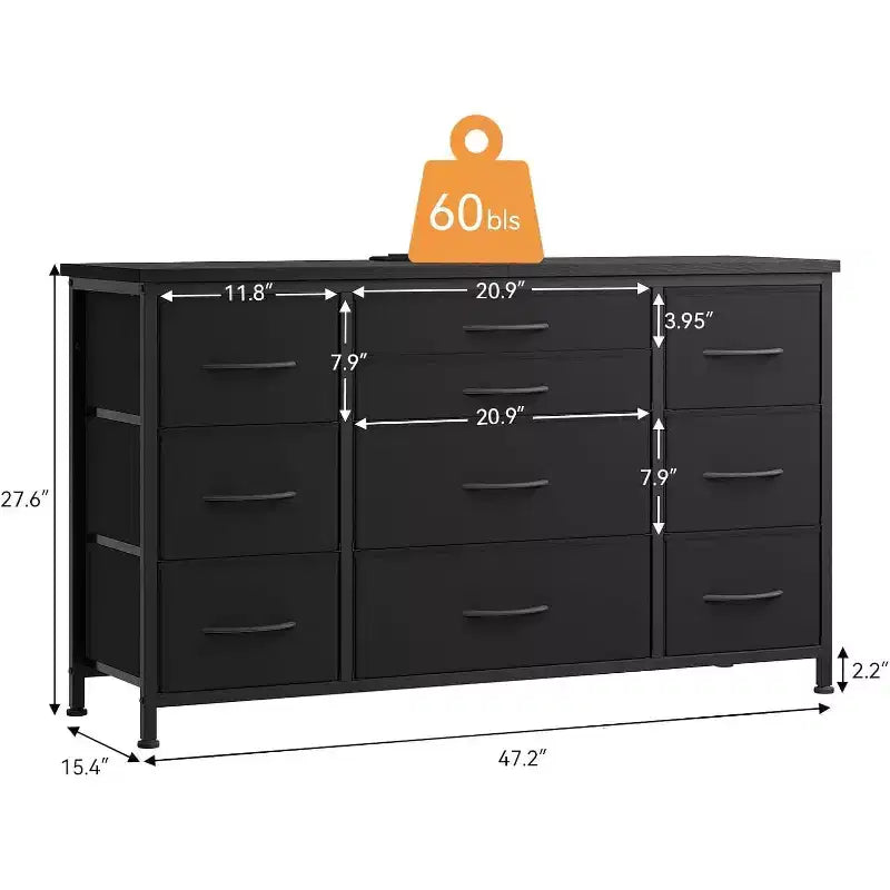 Fabric Dresser with 10 Storage Drawer for Bedroom,55 TV Stand with Power Outlet,Sturdy Metal Frame, Wood Tabletop for Guest Room, Closet, Entryway