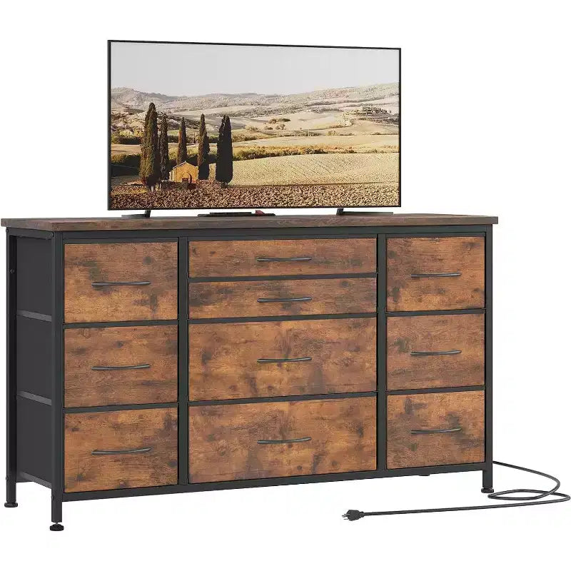 Fabric Dresser with 10 Storage Drawer for Bedroom,55 TV Stand with Power Outlet,Sturdy Metal Frame, Wood Tabletop for Guest Room, Closet, Entryway