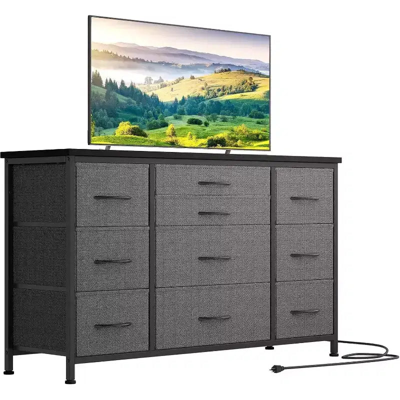 Fabric Dresser with 10 Storage Drawer for Bedroom,55 TV Stand with Power Outlet,Sturdy Metal Frame, Wood Tabletop for Guest Room, Closet, Entryway