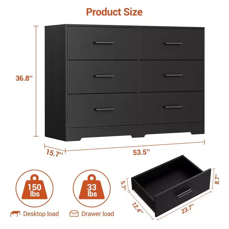 6-Drawer Double Dresser, 47 Wide TV Stand and Storage Cabinet for Bedroom