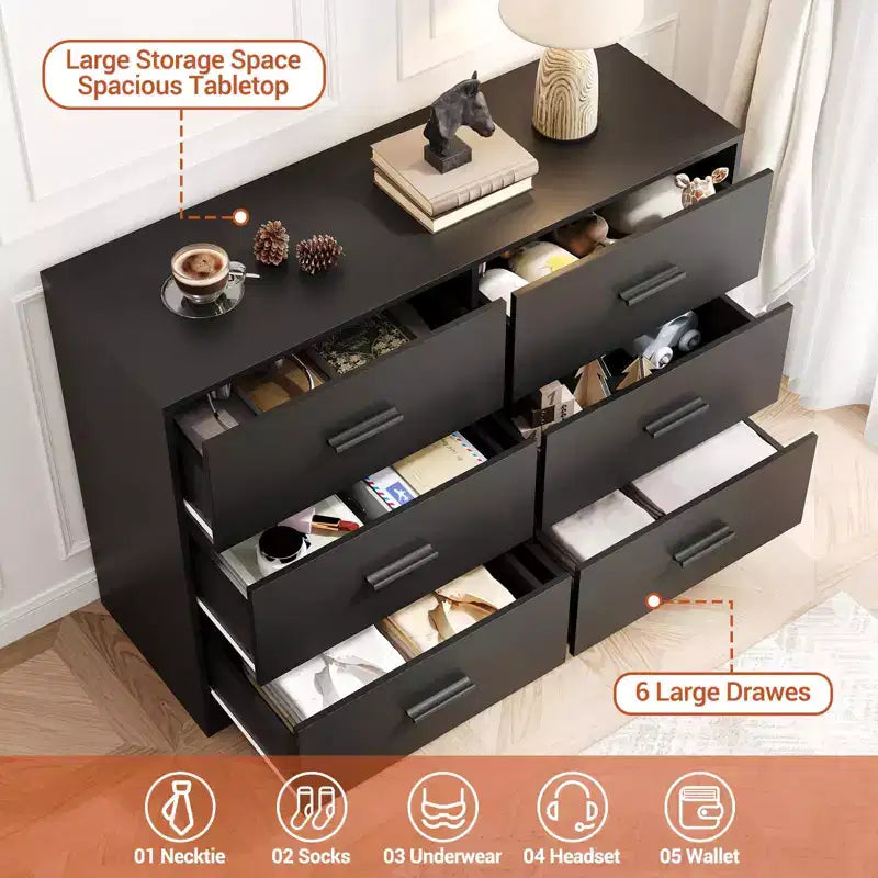 6-Drawer Double Dresser, 47 Wide TV Stand and Storage Cabinet for Bedroom