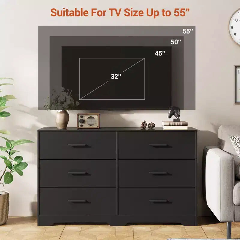 6-Drawer Double Dresser, 47 Wide TV Stand and Storage Cabinet for Bedroom