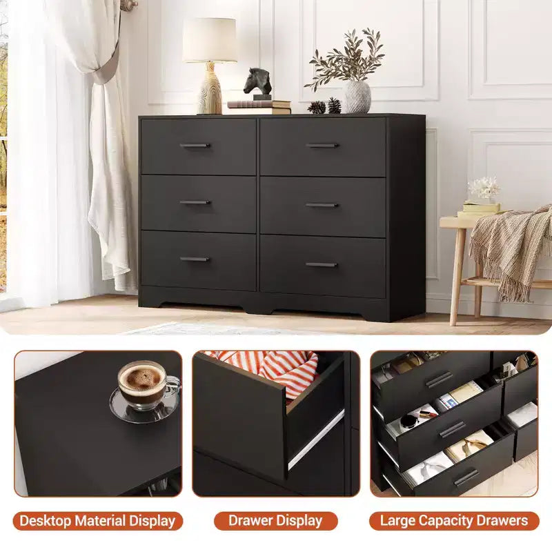 6-Drawer Double Dresser, 47 Wide TV Stand and Storage Cabinet for Bedroom