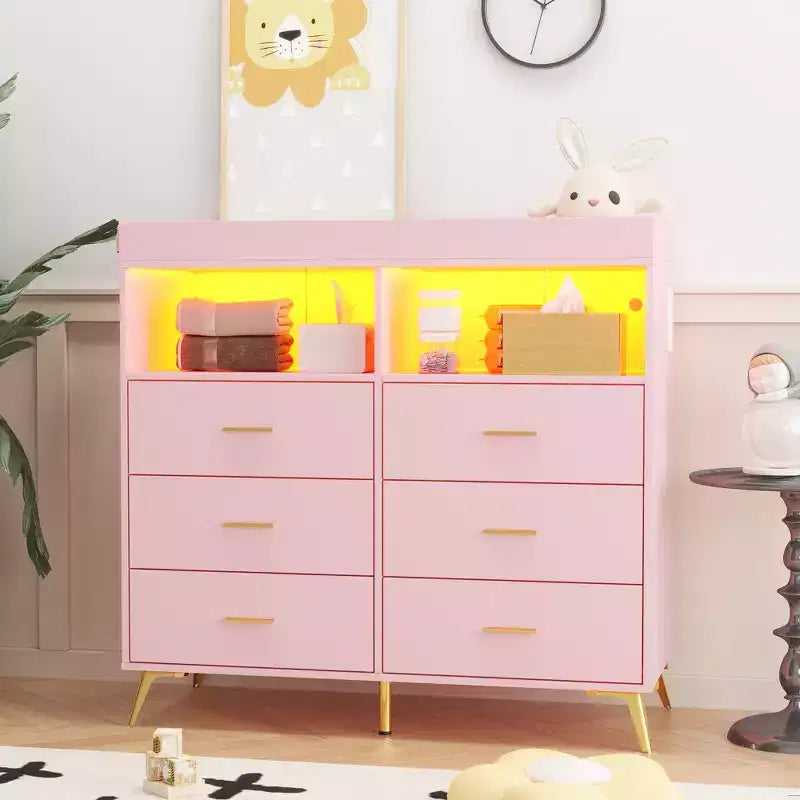 Storage cabinet with drawers, changing table dresser, power socket, with light and metal legs, suitable for living room, bedroom and baby room