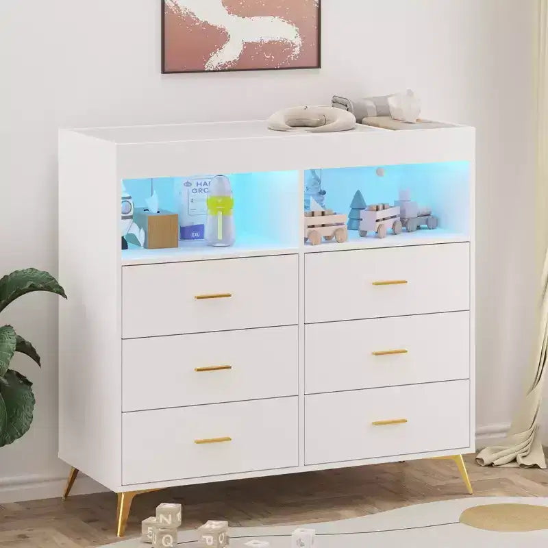 Storage cabinet with drawers, changing table dresser, power socket, with light and metal legs, suitable for living room, bedroom and baby room