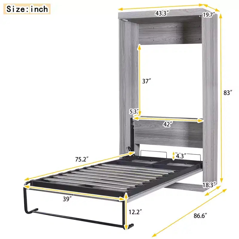 Wood Murphy Bed, Cabinet Beds Foldable Wall Bed Frame for Guest Room Home Office, Gray, Grey