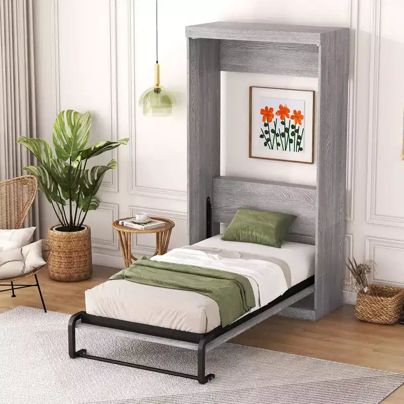 Wood Murphy Bed, Cabinet Beds Foldable Wall Bed Frame for Guest Room Home Office, Gray, Grey