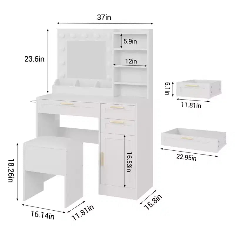 COZONY 37 Vanity Cabinet with Mirror & Lights, Makeup Table Set with 3 Drawers, 3-Color Dimming, Power Outlets