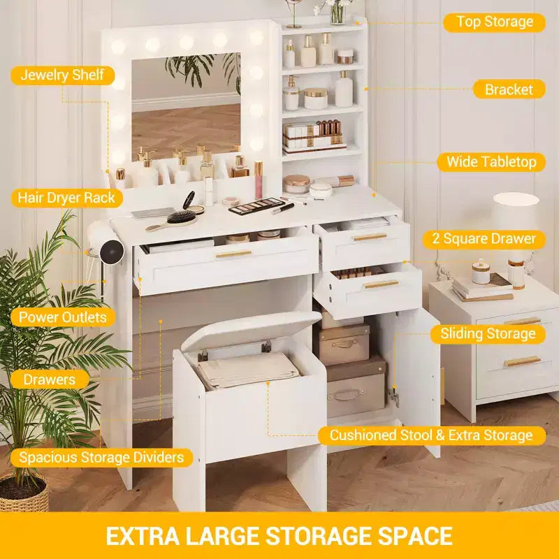 COZONY 37 Vanity Cabinet with Mirror & Lights, Makeup Table Set with 3 Drawers, 3-Color Dimming, Power Outlets