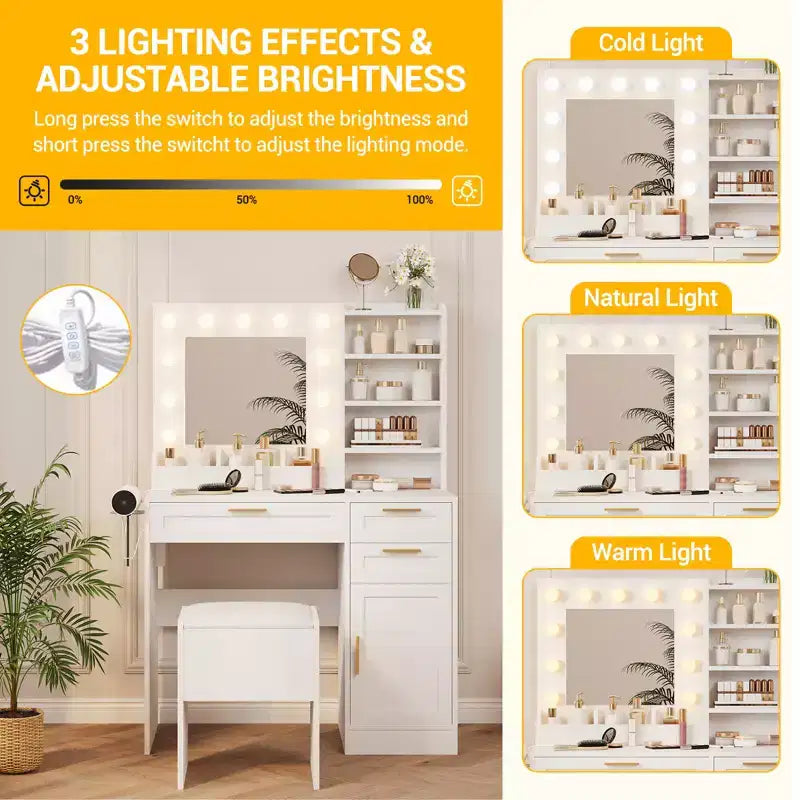 COZONY 37 Vanity Cabinet with Mirror & Lights, Makeup Table Set with 3 Drawers, 3-Color Dimming, Power Outlets