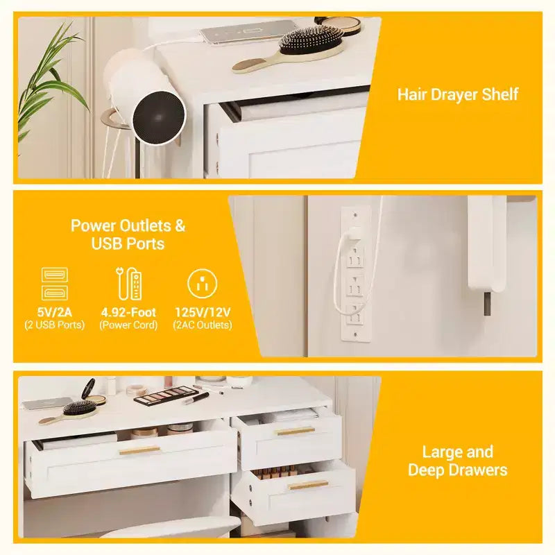 COZONY 37 Vanity Cabinet with Mirror & Lights, Makeup Table Set with 3 Drawers, 3-Color Dimming, Power Outlets
