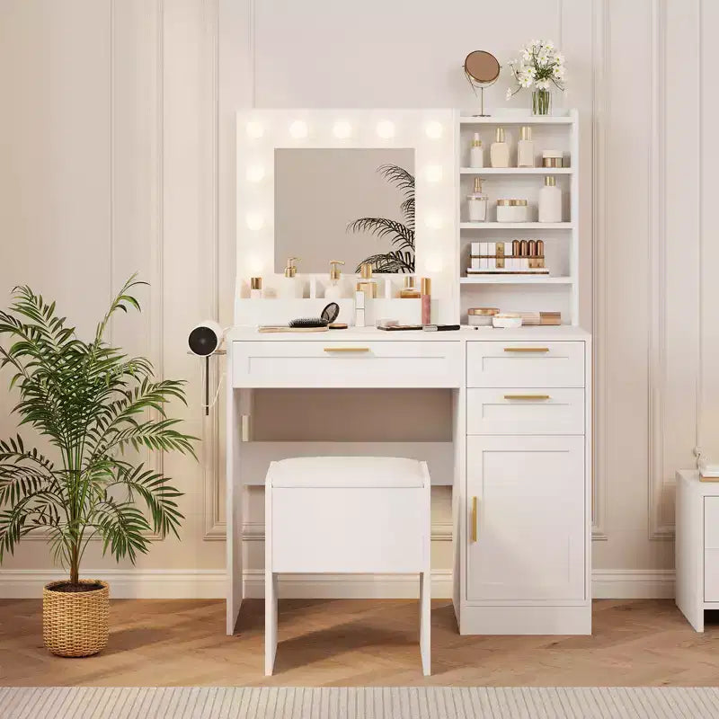 COZONY 37 Vanity Cabinet with Mirror & Lights, Makeup Table Set with 3 Drawers, 3-Color Dimming, Power Outlets