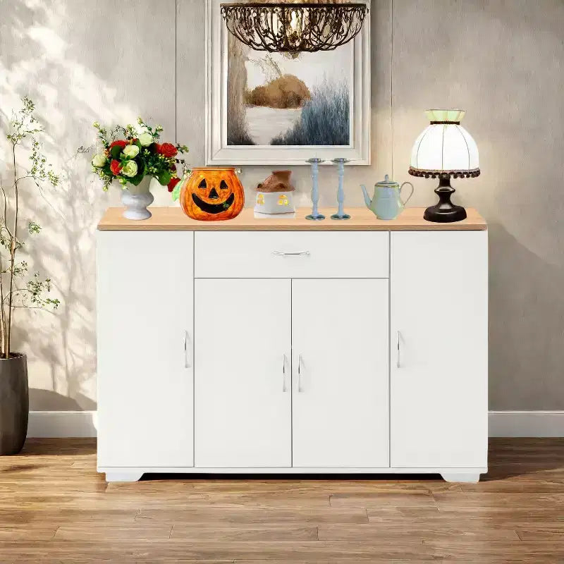 FurnitureR Modern Farmhouse Sideboard Buffet Storage Cabinet, Wooden Coffee Buffet Table with Drawer and Shelves, 43.3 Barn Doors Storage Cabinet