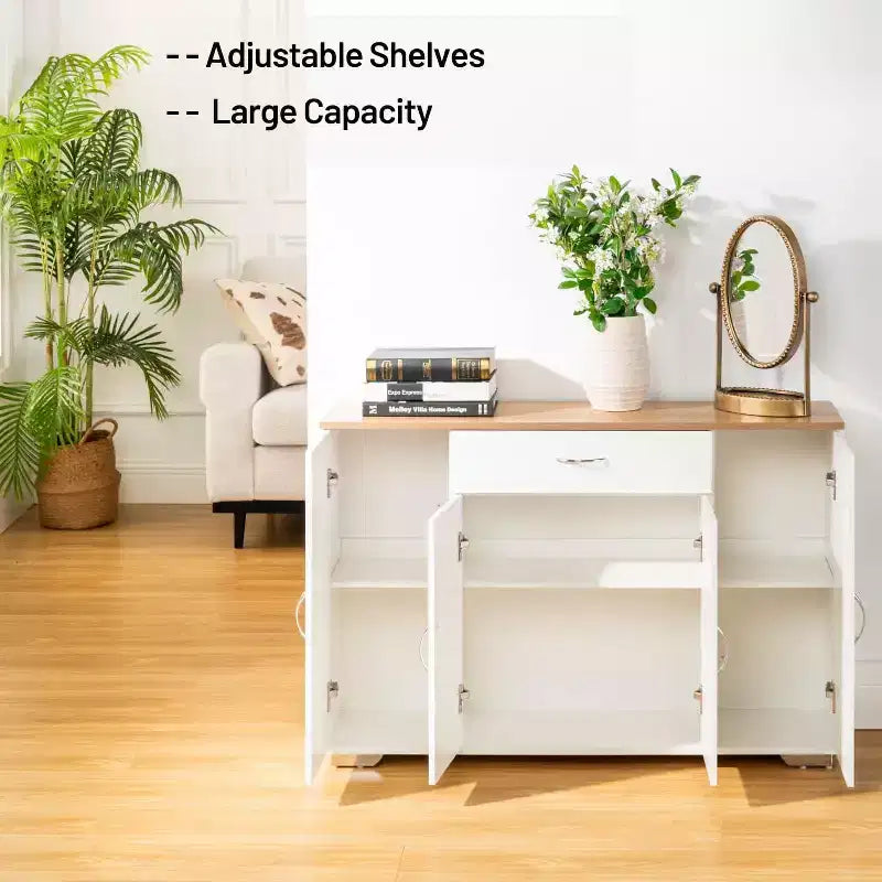 FurnitureR Modern Farmhouse Sideboard Buffet Storage Cabinet, Wooden Coffee Buffet Table with Drawer and Shelves, 43.3 Barn Doors Storage Cabinet