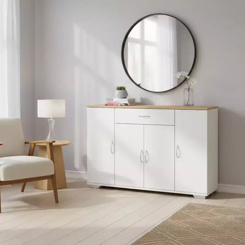 FurnitureR Modern Farmhouse Sideboard Buffet Storage Cabinet, Wooden Coffee Buffet Table with Drawer and Shelves, 43.3 Barn Doors Storage Cabinet