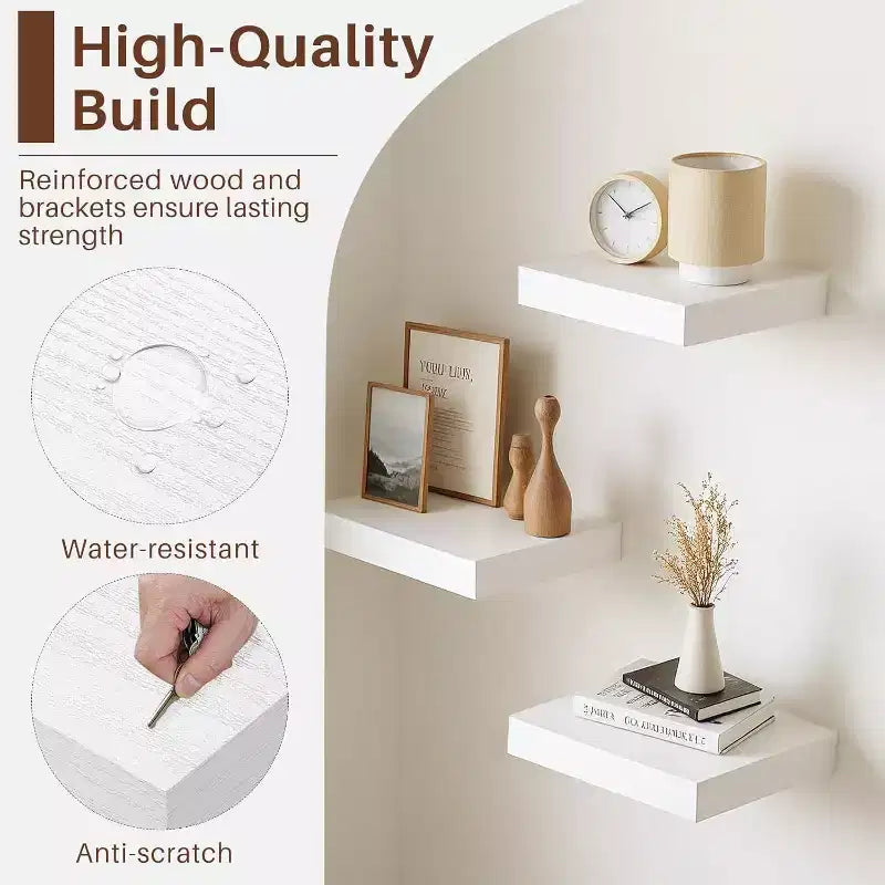 FurnitureR Square Floating Shelves Set of 3, Wall Mounted Rustic Wood Shelves for Bathroom, Bedroom, Living Room, Kitchen, White