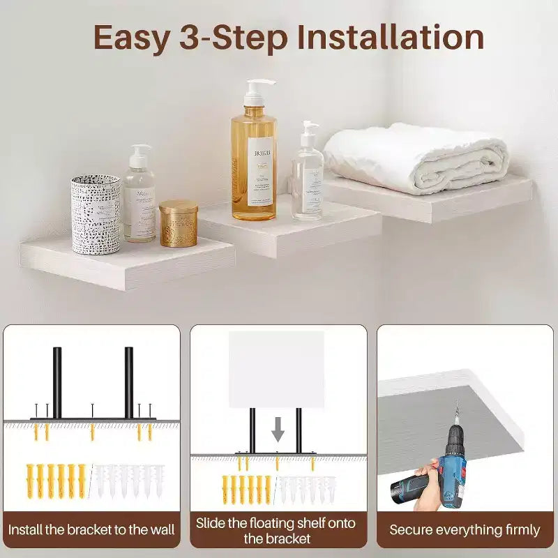 FurnitureR Square Floating Shelves Set of 3, Wall Mounted Rustic Wood Shelves for Bathroom, Bedroom, Living Room, Kitchen, White