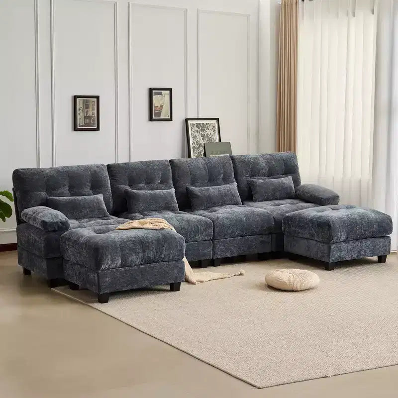 Whisen 119 4-Seater Chenille Sofa, Sectional Sofa & Couch with 2 Ottomans, Adjustable Backrest, 4 Throw Pillows