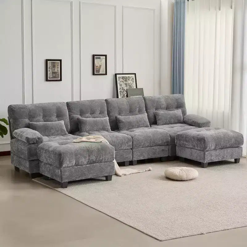 Whisen 119 4-Seater Chenille Sofa, Sectional Sofa & Couch with 2 Ottomans, Adjustable Backrest, 4 Throw Pillows