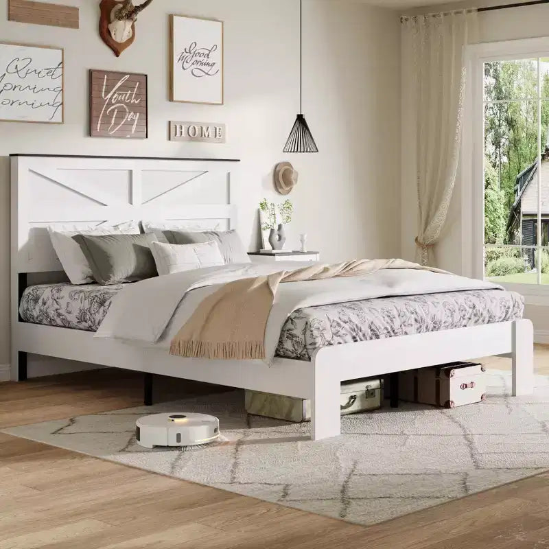 Okak Natural Style All Size Bedroom Platform Bed with Farmhouse Wood Headboard,Modern Bed Frame No Box Spring Needed