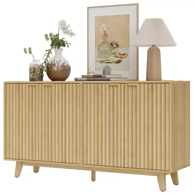 Fluted Sideboard Buffet Cabinet, 55 Coffee Bar Cabinet with 4 Doors, 2 Adjustable Shelves, 5 Wood Legs