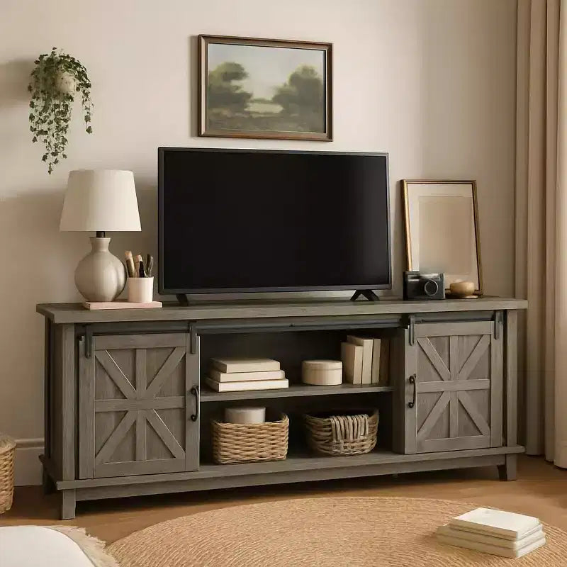 Farmhouse TV Stand for 75 in Television, Wood Entertainment Center with Storage & Barn Doors, Adjustable Shelf Media TV Console Table Cabinet