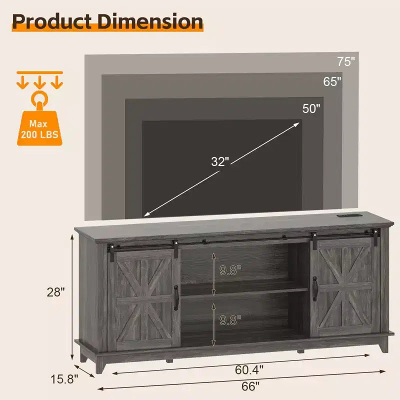 Farmhouse TV Stand for 75 in Television, Wood Entertainment Center with Storage & Barn Doors, Adjustable Shelf Media TV Console Table Cabinet