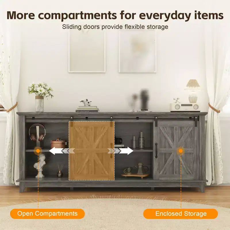 Farmhouse TV Stand for 75 in Television, Wood Entertainment Center with Storage & Barn Doors, Adjustable Shelf Media TV Console Table Cabinet