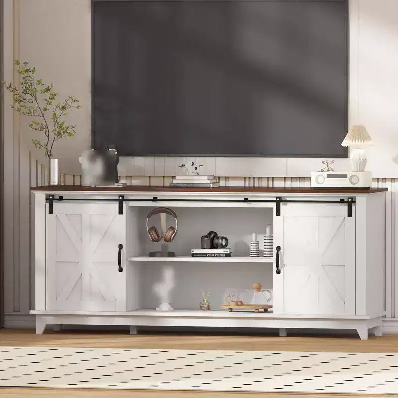 Farmhouse TV Stand for 75 in Television, Wood Entertainment Center with Storage & Barn Doors, Adjustable Shelf Media TV Console Table Cabinet