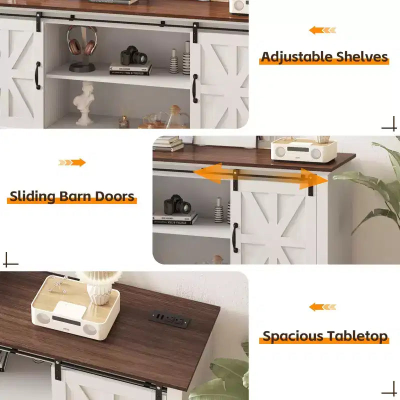 Farmhouse TV Stand for 75 in Television, Wood Entertainment Center with Storage & Barn Doors, Adjustable Shelf Media TV Console Table Cabinet