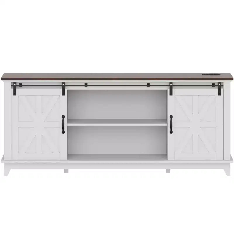 Farmhouse TV Stand for 75 in Television, Wood Entertainment Center with Storage & Barn Doors, Adjustable Shelf Media TV Console Table Cabinet