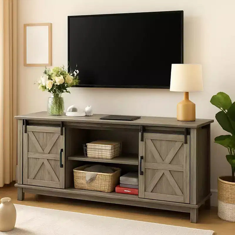 Farmhouse TV Stand for 75 in Television, Wood Entertainment Center with Storage & Barn Doors, Adjustable Shelf Media TV Console Table Cabinet