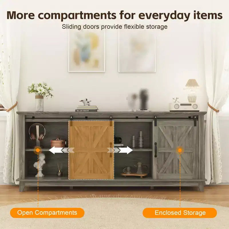 Farmhouse TV Stand for 75 in Television, Wood Entertainment Center with Storage & Barn Doors, Adjustable Shelf Media TV Console Table Cabinet
