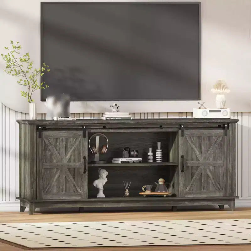 Farmhouse TV Stand for 75 in Television, Wood Entertainment Center with Storage & Barn Doors, Adjustable Shelf Media TV Console Table Cabinet