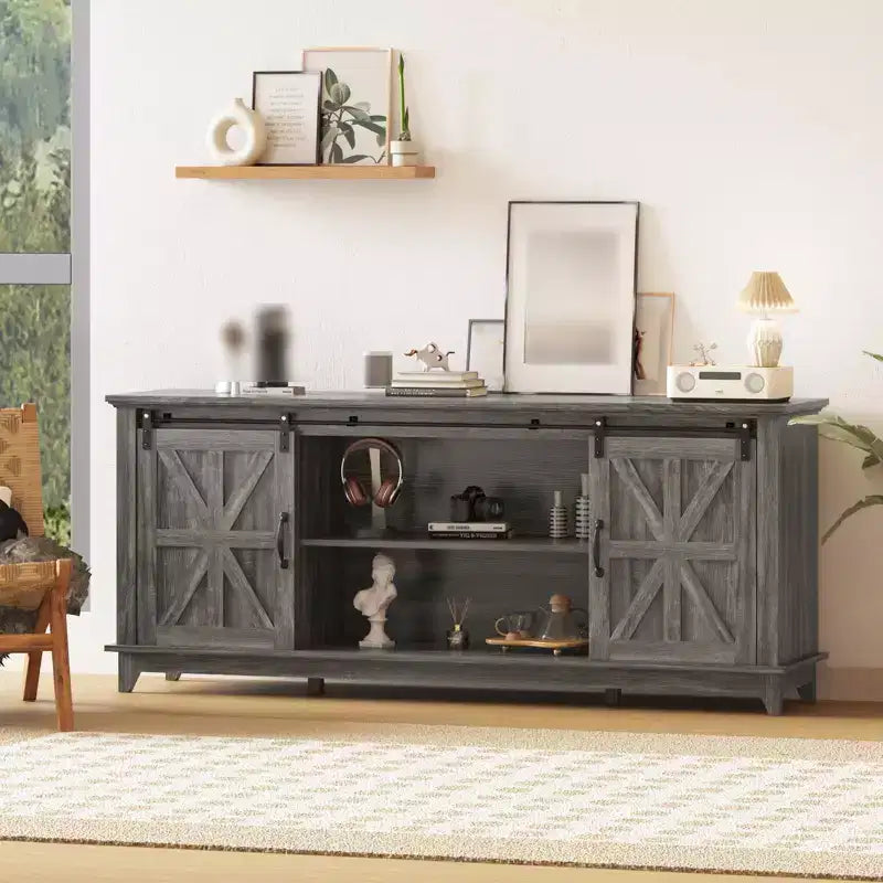 Farmhouse TV Stand for 75 in Television, Wood Entertainment Center with Storage & Barn Doors, Adjustable Shelf Media TV Console Table Cabinet