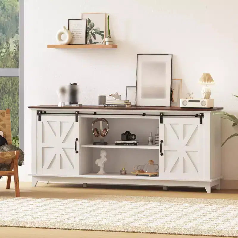 Farmhouse TV Stand for 75 in Television, Wood Entertainment Center with Storage & Barn Doors, Adjustable Shelf Media TV Console Table Cabinet