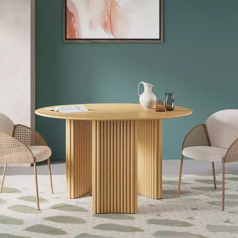 PexFix 52 Modern Round Dining Table with Striped Column Legs Solid Wood Kitchen Table Anti-Scratch Footpads for Dining Room & Kitchen Bar in Natural
