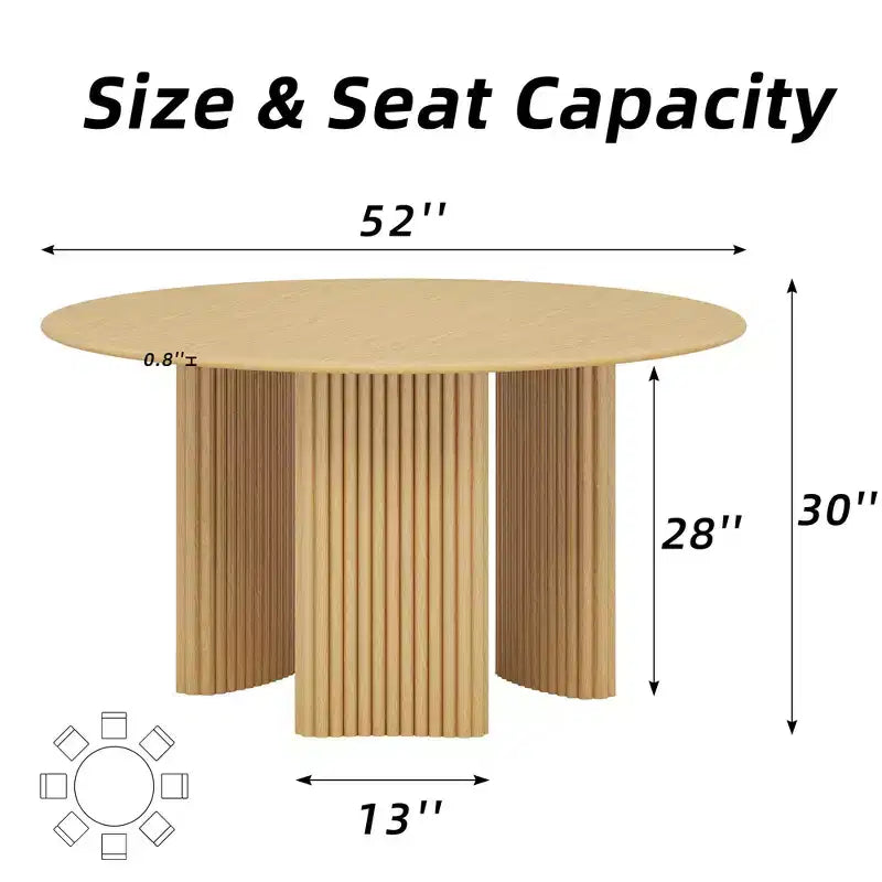 PexFix 52 Modern Round Dining Table with Striped Column Legs Solid Wood Kitchen Table Anti-Scratch Footpads for Dining Room & Kitchen Bar in Natural