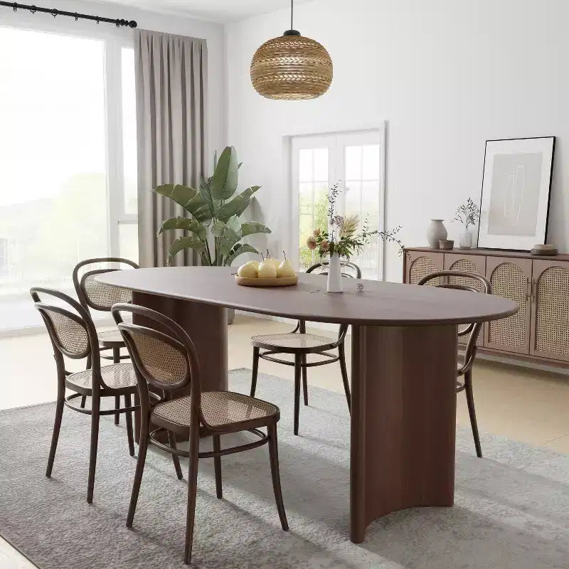PexFix 67 Oval Dining Table Farmhouse Wood Kitchen Table for 4-6 with Arc-Shaped Edge Top and Curved Shape Base for Living/Dining Room in Walnut