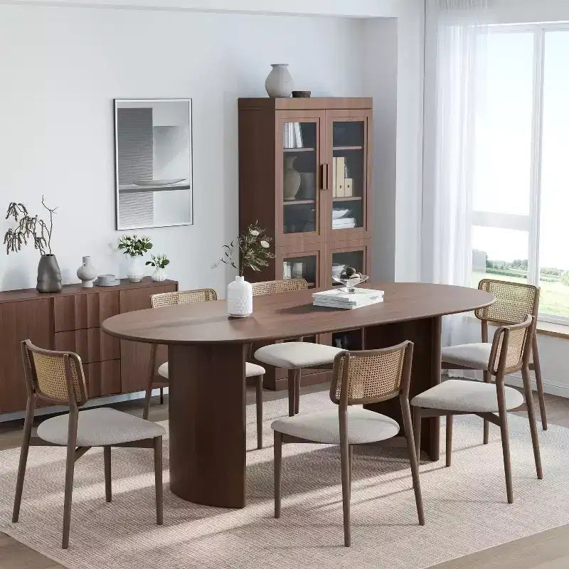 PexFix 67 Oval Dining Table Farmhouse Wood Kitchen Table for 4-6 with Arc-Shaped Edge Top and Curved Shape Base for Living/Dining Room in Walnut