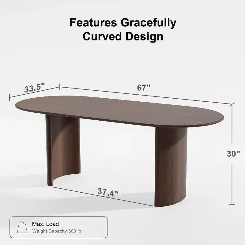 PexFix 67 Oval Dining Table Farmhouse Wood Kitchen Table for 4-6 with Arc-Shaped Edge Top and Curved Shape Base for Living/Dining Room in Walnut