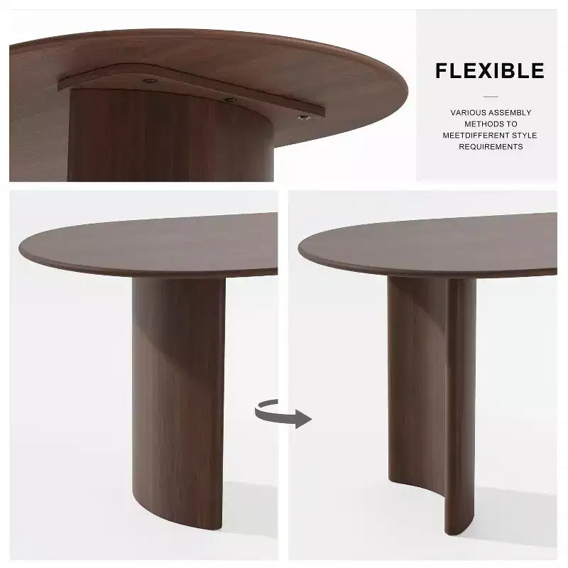 PexFix 67 Oval Dining Table Farmhouse Wood Kitchen Table for 4-6 with Arc-Shaped Edge Top and Curved Shape Base for Living/Dining Room in Walnut