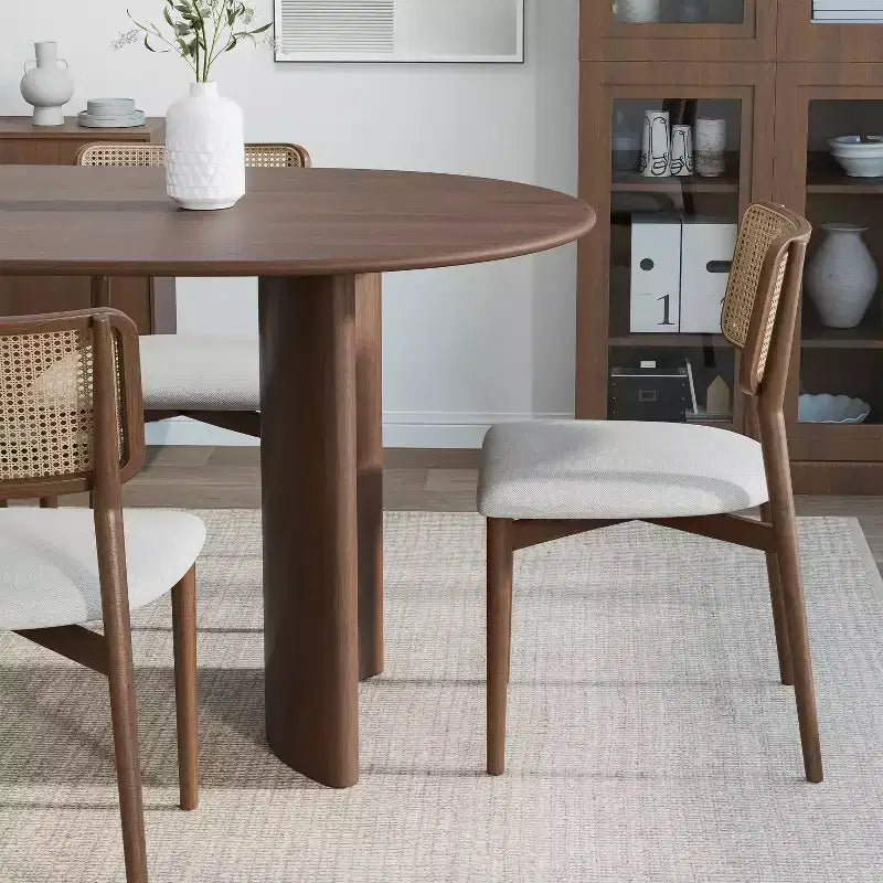 PexFix 67 Oval Dining Table Farmhouse Wood Kitchen Table for 4-6 with Arc-Shaped Edge Top and Curved Shape Base for Living/Dining Room in Walnut