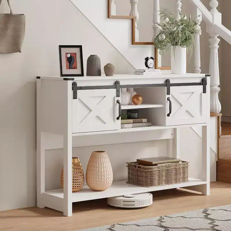 Heynemo Console Table with Storage Shelf & Sliding Barn Door, Farmhouse Entryway Table with Storage, 46 Narrow Long Sofa Table, Console Tables