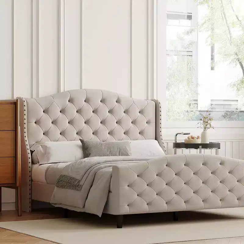 Queen Size Platform Bed Frame, Velvet Upholstered Headboard with Nailhead Trim, Wood Slat Support, No Box Spring Required, Easy Assembly, Quiet