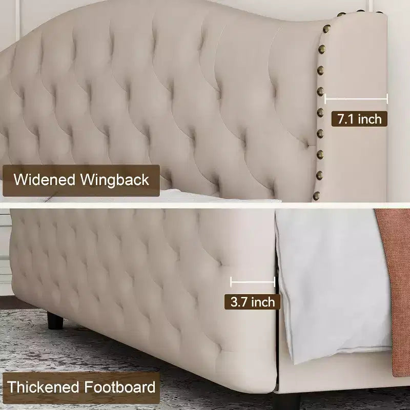 Queen Size Platform Bed Frame, Velvet Upholstered Headboard with Nailhead Trim, Wood Slat Support, No Box Spring Required, Easy Assembly, Quiet