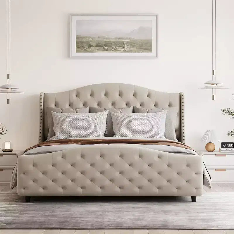 Queen Size Platform Bed Frame, Velvet Upholstered Headboard with Nailhead Trim, Wood Slat Support, No Box Spring Required, Easy Assembly, Quiet