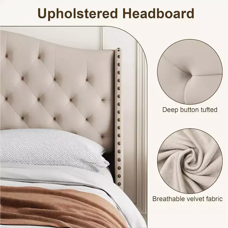 Queen Size Platform Bed Frame, Velvet Upholstered Headboard with Nailhead Trim, Wood Slat Support, No Box Spring Required, Easy Assembly, Quiet