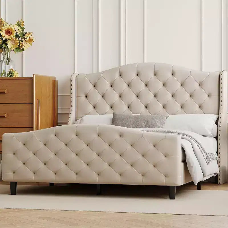 Queen Size Platform Bed Frame, Velvet Upholstered Headboard with Nailhead Trim, Wood Slat Support, No Box Spring Required, Easy Assembly, Quiet